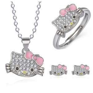 Kawaii Sanrio Hello Kitty Rhinestone Necklace & Adjustable Ring Set